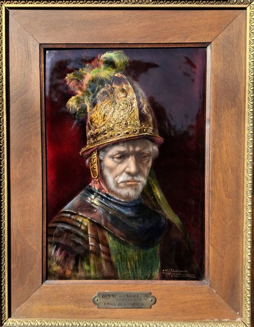 LARGE ENAMEL PAINTING ON COPPER L'HOMME AU CASQUE D' OR LIMOGES CIRCA 1920 - ADDITIONAL PHOTO 7