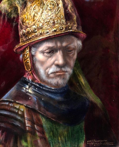 LARGE ENAMEL PAINTING ON COPPER L'HOMME AU CASQUE D' OR LIMOGES CIRCA 1920 - ADDITIONAL PHOTO 10