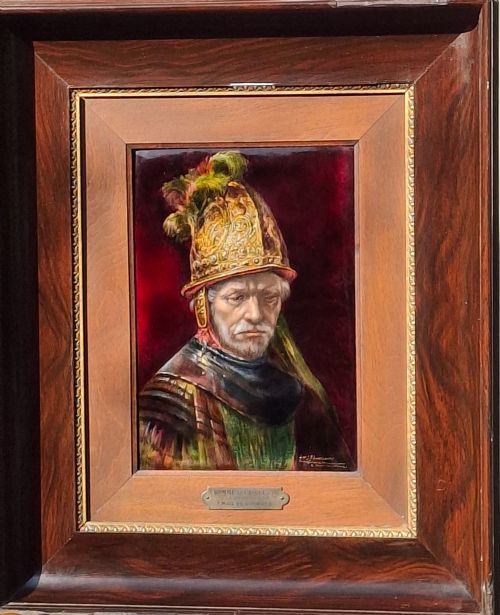 LARGE ENAMEL PAINTING ON COPPER L'HOMME AU CASQUE D' OR LIMOGES CIRCA 1920 - ADDITIONAL PHOTO 8