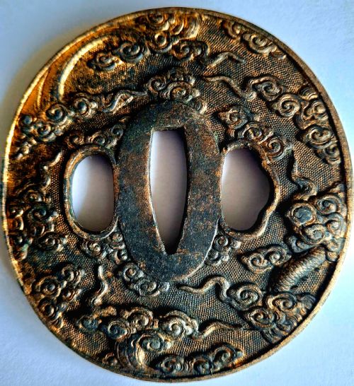 JAPANESE TSUBA WITH DRAGON PEARL IN HIGH RELIEF EDO PERIOD - ADDITIONAL PHOTO 1