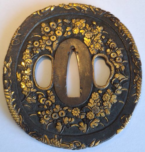 FINE JAPANESE IRON TSUBA GUARD PEONY AND DRAGON EDO PERIOD CIRCA 1800 - ADDITIONAL PHOTO 1