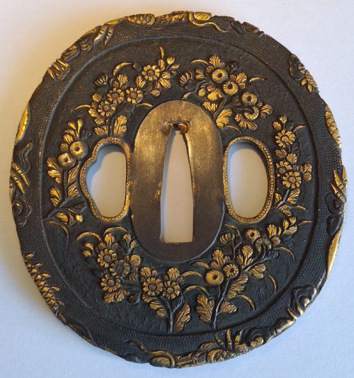 fine japanese iron tsuba guard peony and dragon edo period circa 1800 - CATEGORY: ANTIQUE METAL - DATED 1800