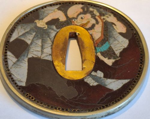 RARE CLOISONNE ENAMEL TSUBA JAPANESE FOLKLORE CIRCA 1880 - ADDITIONAL PHOTO 2
