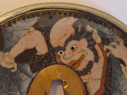 RARE CLOISONNE ENAMEL TSUBA JAPANESE FOLKLORE CIRCA 1880 - ADDITIONAL PHOTO 5