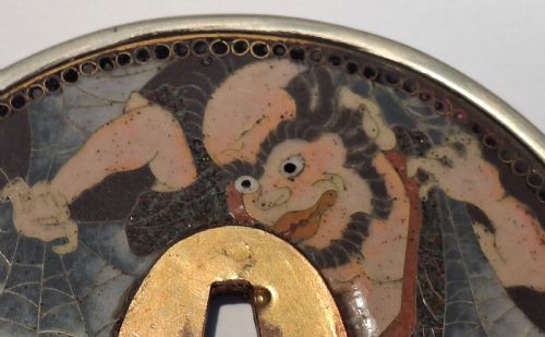 RARE CLOISONNE ENAMEL TSUBA JAPANESE FOLKLORE CIRCA 1880 - ADDITIONAL PHOTO 6