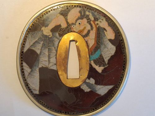 RARE CLOISONNE ENAMEL TSUBA JAPANESE FOLKLORE CIRCA 1880 - ADDITIONAL PHOTO 13