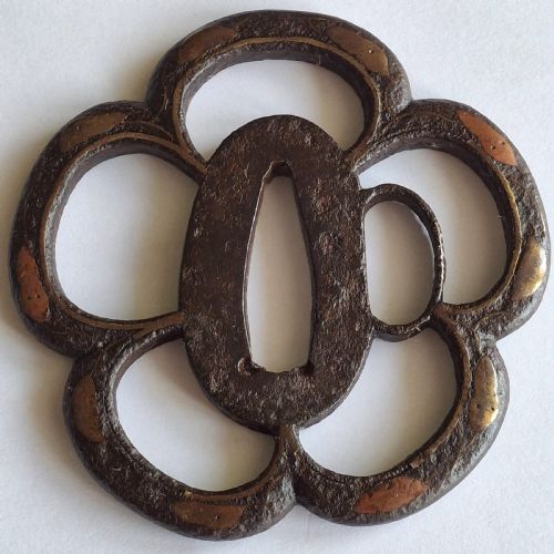 JAPANESE IRON TSUBA GUARD COPPER INLAY EDO PERIOD CIRCA 1750