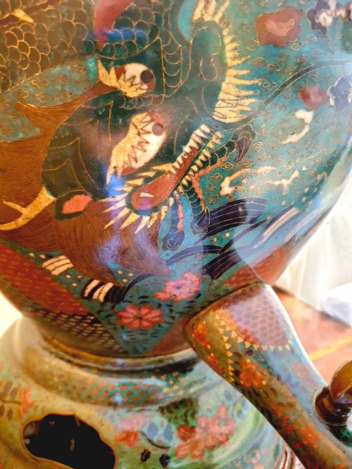 HUGE JAPANESE CLOISONNE ENAMEL TEMPLE WATER DISPENSER DRAGON 60CM CIRCA 1880 - ADDITIONAL PHOTO 3