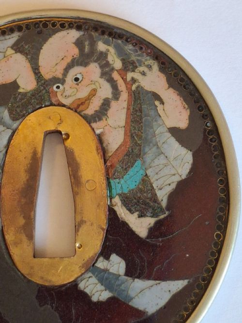 RARE CLOISONNE ENAMEL TSUBA JAPANESE FOLKLORE CIRCA 1880 - ADDITIONAL PHOTO 12