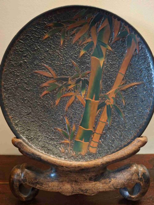 LARGE JAPANESE TOTAI SHIPPO CHARGER CLOISONNE TREE BARK WITH BAMBOO CIRCA 1890 SIGNED - ADDITIONAL PHOTO 8