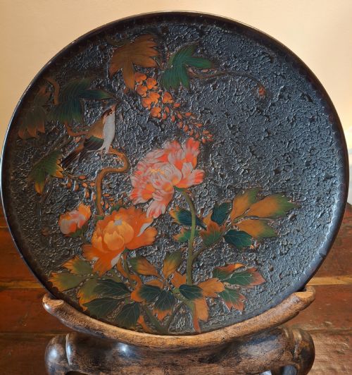 LARGE JAPANESE TOTAI SHIPPO CHARGER CLOISONNE TREE BARK WITH BIRDS AND FLOWERS CIRCA 1890 SIGNED - ADDITIONAL PHOTO 7