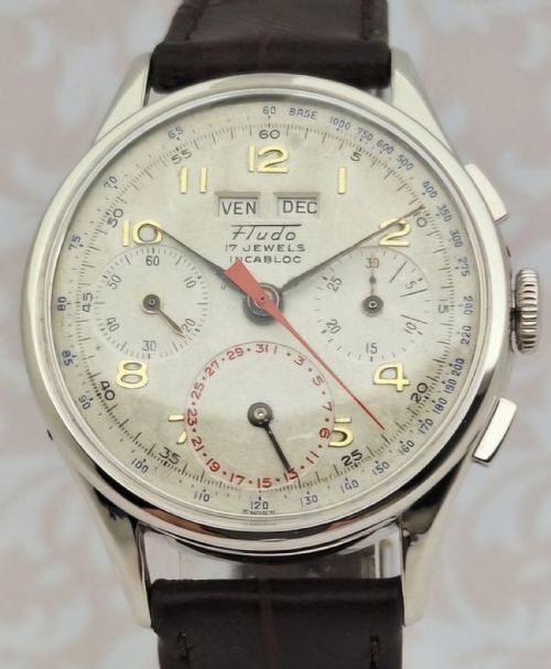 RARE FLUDO CHRONOGRAPH WATCH TRIPLE CALENDAR SWISS MOVEMENT LANDERON 80 CIRCA 1950 - ADDITIONAL PHOTO 10