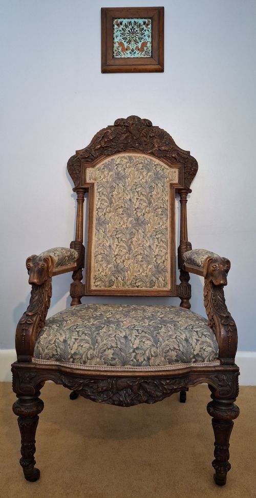 EXHIBITION VICTORIAN OAK GOTHIC 'HUNTING' ARMCHAIR ELABORATELY CARVED WITH DOGS HOUNDS DATED 1871 - ADDITIONAL PHOTO 1