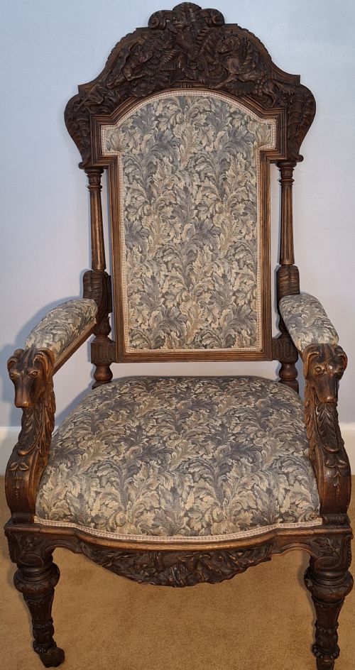 EXHIBITION VICTORIAN OAK GOTHIC 'HUNTING' ARMCHAIR ELABORATELY CARVED WITH DOGS HOUNDS DATED 1871 - ADDITIONAL PHOTO 2