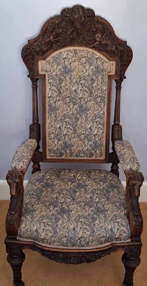 EXHIBITION VICTORIAN OAK GOTHIC 'HUNTING' ARMCHAIR ELABORATELY CARVED WITH DOGS HOUNDS DATED 1871 - ADDITIONAL PHOTO 3