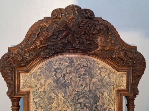 EXHIBITION VICTORIAN OAK GOTHIC 'HUNTING' ARMCHAIR ELABORATELY CARVED WITH DOGS HOUNDS DATED 1871 - ADDITIONAL PHOTO 5