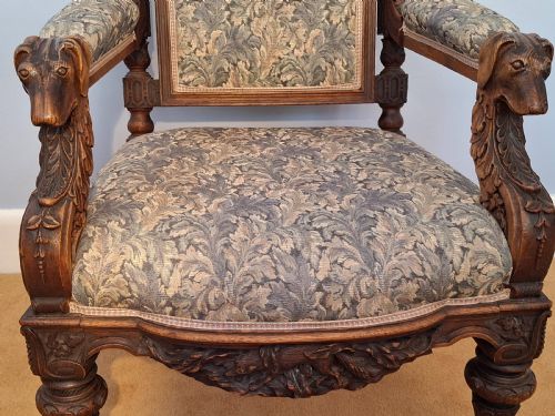 EXHIBITION VICTORIAN OAK GOTHIC 'HUNTING' ARMCHAIR ELABORATELY CARVED WITH DOGS HOUNDS DATED 1871 - ADDITIONAL PHOTO 6