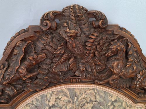 EXHIBITION VICTORIAN OAK GOTHIC 'HUNTING' ARMCHAIR ELABORATELY CARVED WITH DOGS HOUNDS DATED 1871 - ADDITIONAL PHOTO 7