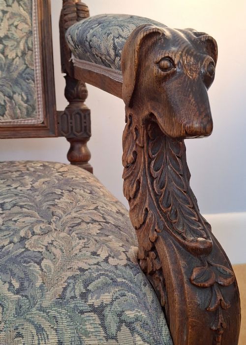 EXHIBITION VICTORIAN OAK GOTHIC 'HUNTING' ARMCHAIR ELABORATELY CARVED WITH DOGS HOUNDS DATED 1871 - ADDITIONAL PHOTO 10