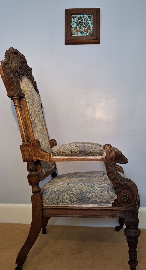 EXHIBITION VICTORIAN OAK GOTHIC 'HUNTING' ARMCHAIR ELABORATELY CARVED WITH DOGS HOUNDS DATED 1871 - ADDITIONAL PHOTO 11