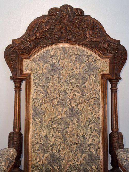 EXHIBITION VICTORIAN OAK GOTHIC 'HUNTING' ARMCHAIR ELABORATELY CARVED WITH DOGS HOUNDS DATED 1871 - ADDITIONAL PHOTO 4