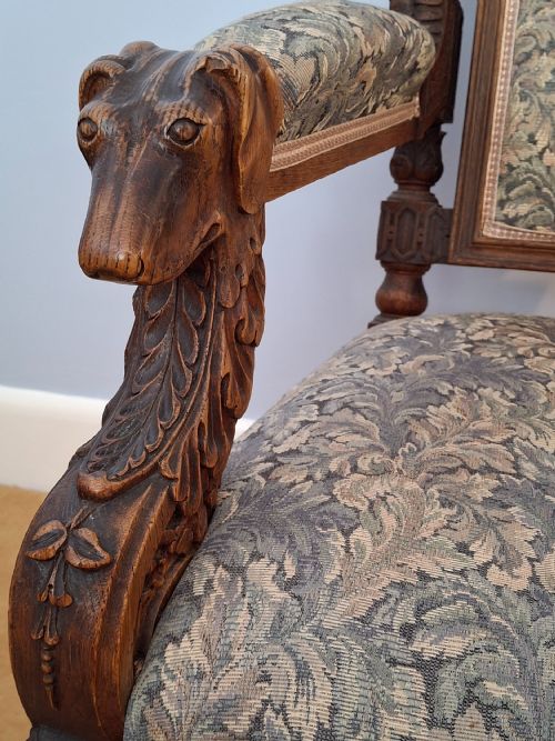 EXHIBITION VICTORIAN OAK GOTHIC 'HUNTING' ARMCHAIR ELABORATELY CARVED WITH DOGS HOUNDS DATED 1871 - ADDITIONAL PHOTO 9