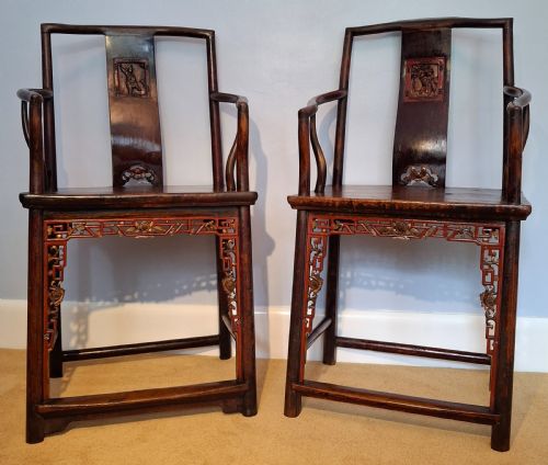 PAIR OF CHINESE ELM ARMCHAIRS WITH RED LACQUER CIRCA 1870 - ADDITIONAL PHOTO 4