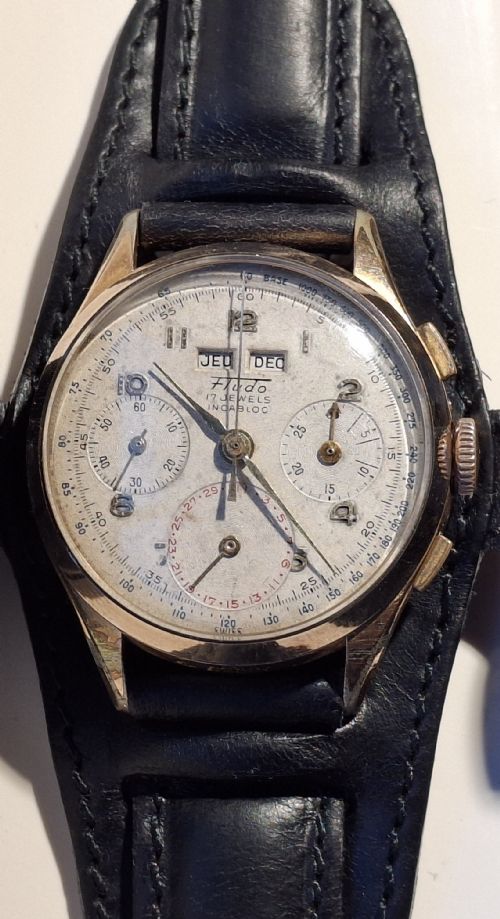 RARE FLUDO CHRONOGRAPH WATCH GOLD PLATED TRIPLE CALENDAR SWISS MOVEMENT LANDERON 80 CIRCA 1950 - ADDITIONAL PHOTO 8