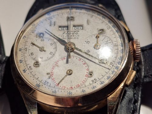 RARE FLUDO CHRONOGRAPH WATCH GOLD PLATED TRIPLE CALENDAR SWISS MOVEMENT LANDERON 80 CIRCA 1950 - ADDITIONAL PHOTO 3