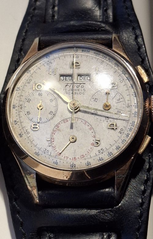 RARE FLUDO CHRONOGRAPH WATCH GOLD PLATED TRIPLE CALENDAR SWISS MOVEMENT LANDERON 80 CIRCA 1950 - ADDITIONAL PHOTO 5