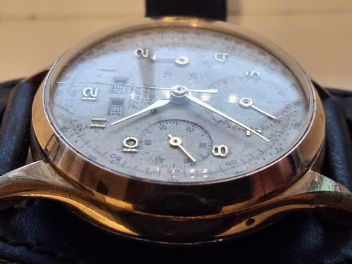 RARE FLUDO CHRONOGRAPH WATCH GOLD PLATED TRIPLE CALENDAR SWISS MOVEMENT LANDERON 80 CIRCA 1950 - ADDITIONAL PHOTO 9