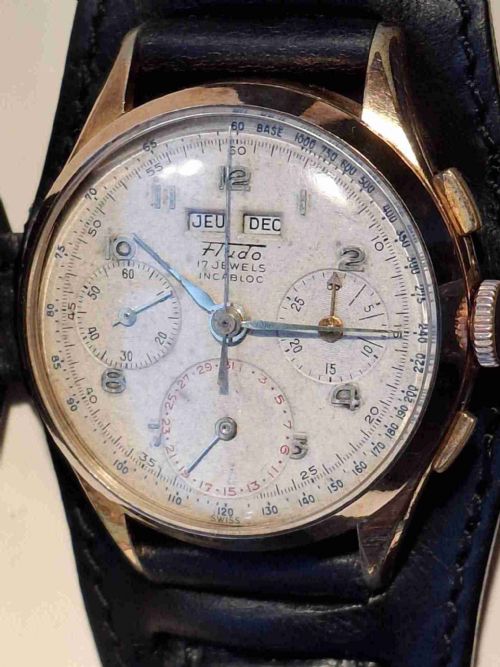 RARE FLUDO CHRONOGRAPH WATCH GOLD PLATED TRIPLE CALENDAR SWISS MOVEMENT LANDERON 80 CIRCA 1950 - ADDITIONAL PHOTO 2