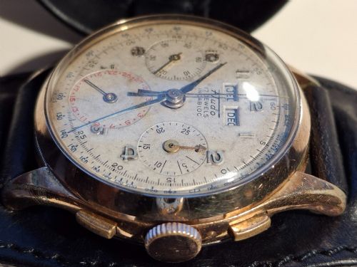 RARE FLUDO CHRONOGRAPH WATCH GOLD PLATED TRIPLE CALENDAR SWISS MOVEMENT LANDERON 80 CIRCA 1950 - ADDITIONAL PHOTO 6