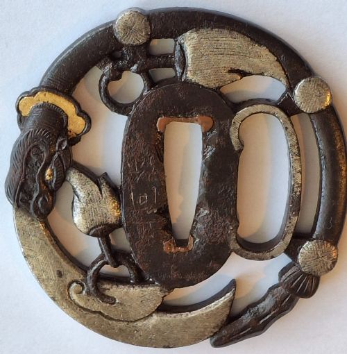 RARE JAPANESE IRON TSUBA GUARD POLEARM OF GUAN YU DRAGON SIGNED EDO PERIOD CIRCA 1750
