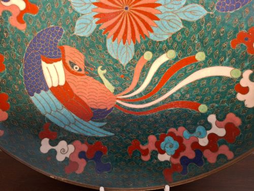 JAPANESE CLOISONNE ENAMEL CHARGER WITH HOO BIRDS PHOENIX CIRCA 1880 - ADDITIONAL PHOTO 2
