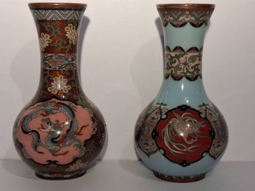 Superb Pair of Japanese Cloisonne Enamel Miniature Vases. Signed Tsukamoto Hikokichi. Meiji Period. Circa 1910.