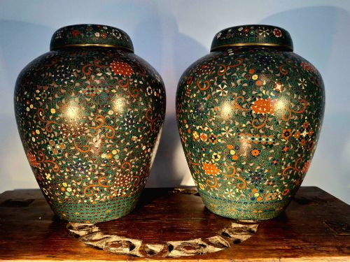 Rare Pair of Japanese Cloisonne Enamel Lidded Ginger Jars. Late Edo Period. Circa 1860.
