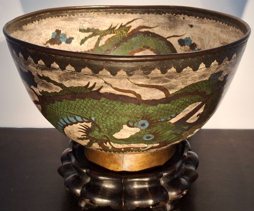 Huge Important Japanese Cloisonne Enamel Dragon Bowl. Circa 1850.