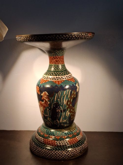 fig 1. A large Japanese Meiji period cloisonne enamel vase with a wide flared top, decorated with a leaping koi carp motif amongst waterfalls and polychrome geometric patterns.