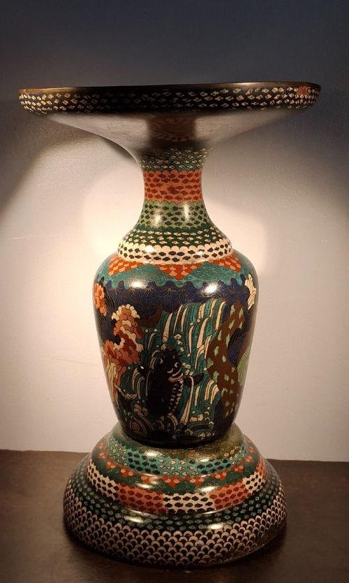 Large Japanese Cloisonne Enamel Vase / Jardiniere - Leaping Koi. Circa 1870.