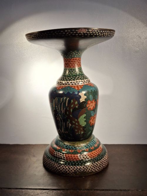 fig 2. A large Japanese Meiji period cloisonne enamel vase with a wide flared top, decorated with a leaping koi carp motif amongst waterfalls and polychrome geometric patterns.