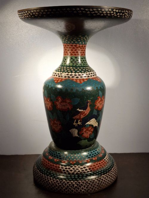 fig 3. A large Japanese Meiji period cloisonne enamel vase with a wide flared top, decorated with a leaping koi carp motif amongst waterfalls and polychrome geometric patterns.