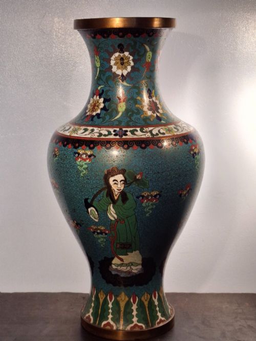 fig 1. A large Chinese cloisonne enamel baluster vase decorated with scholar figures on a turquoise scrollwork ground with gilded rims.