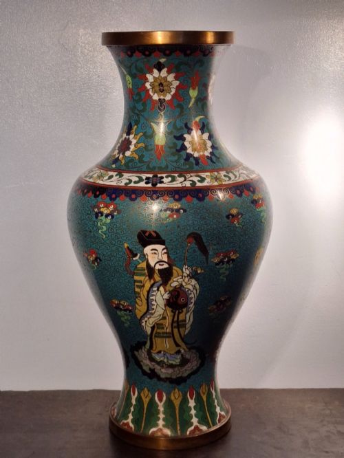 fig 2. A large Chinese cloisonne enamel baluster vase decorated with scholar figures on a turquoise scrollwork ground with gilded rims.