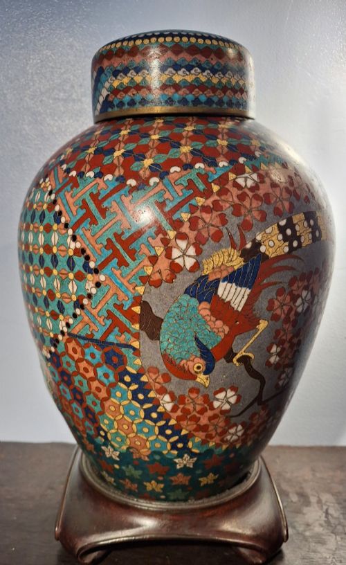 Japanese Cloisonne Enamel Ginger Jar - Bird & Mosaics. Circa 1880.