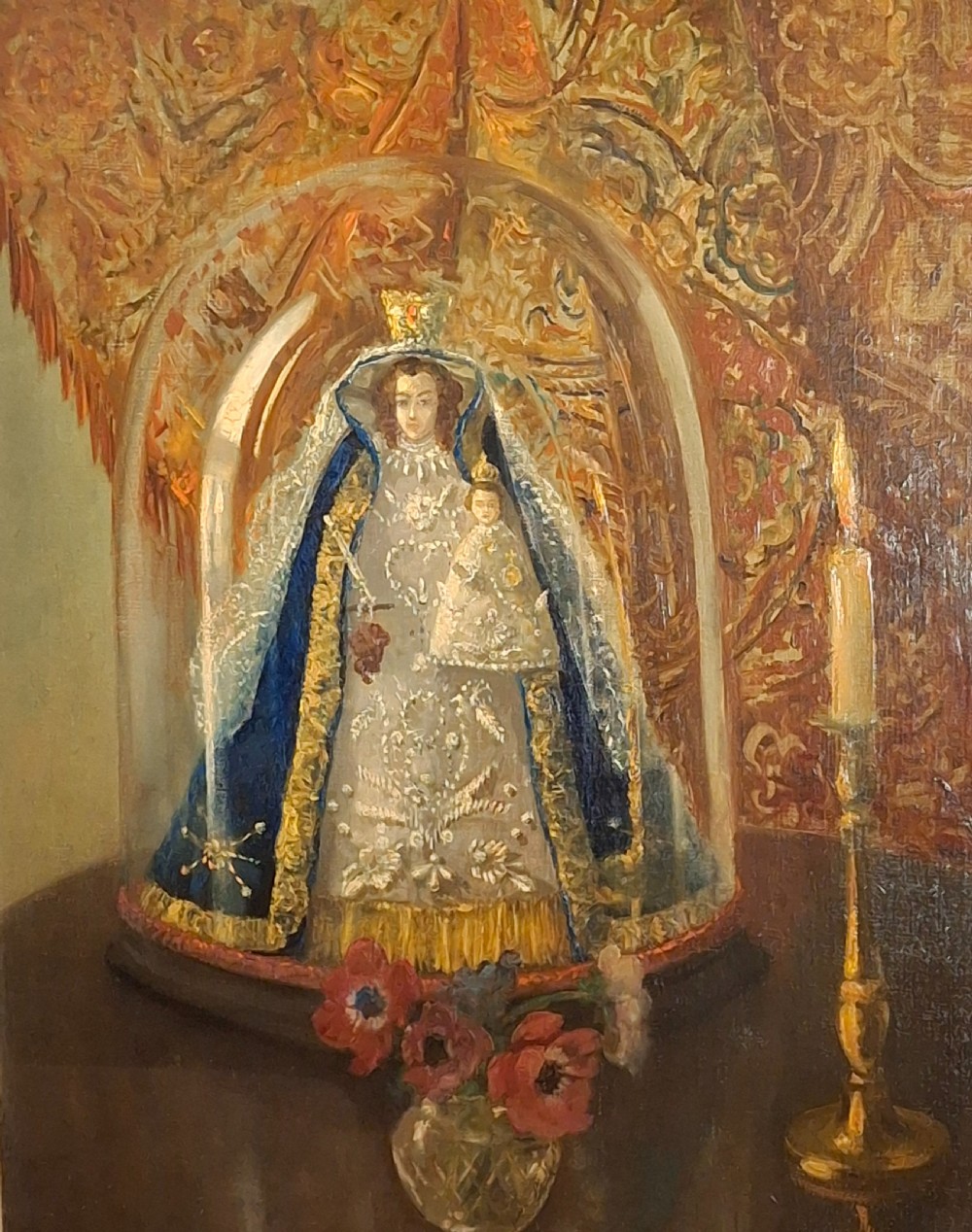 A framed 19th-century oil painting depicting a statue of the Madonna and Child beneath a glass cloche, flanked by a candle and a small vase of flowers. View IV