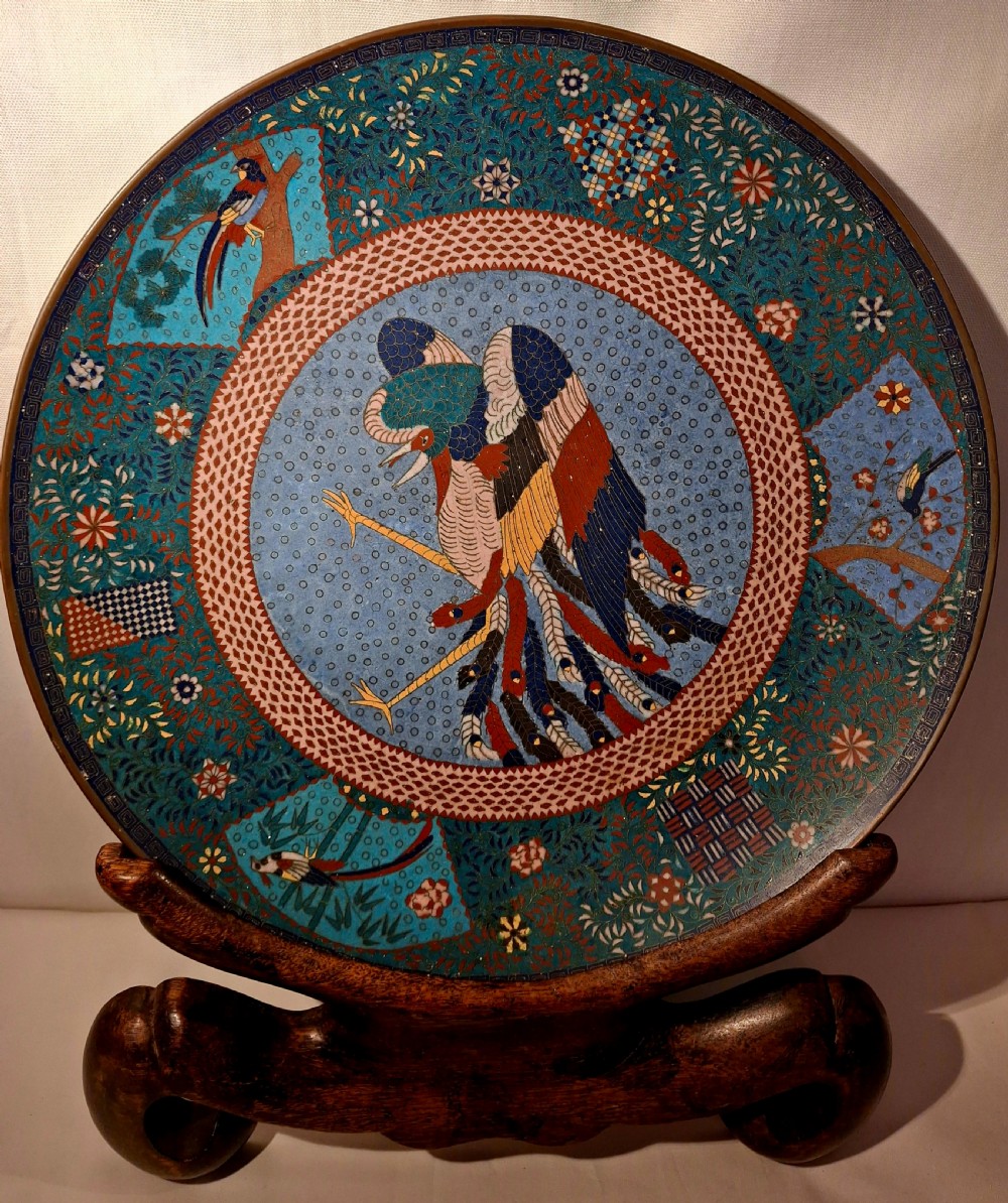 Masterpiece Large Japanese Cloisonne Enamel 'Ho-o' Bird Charger. Late Edo Period. Circa 1860.