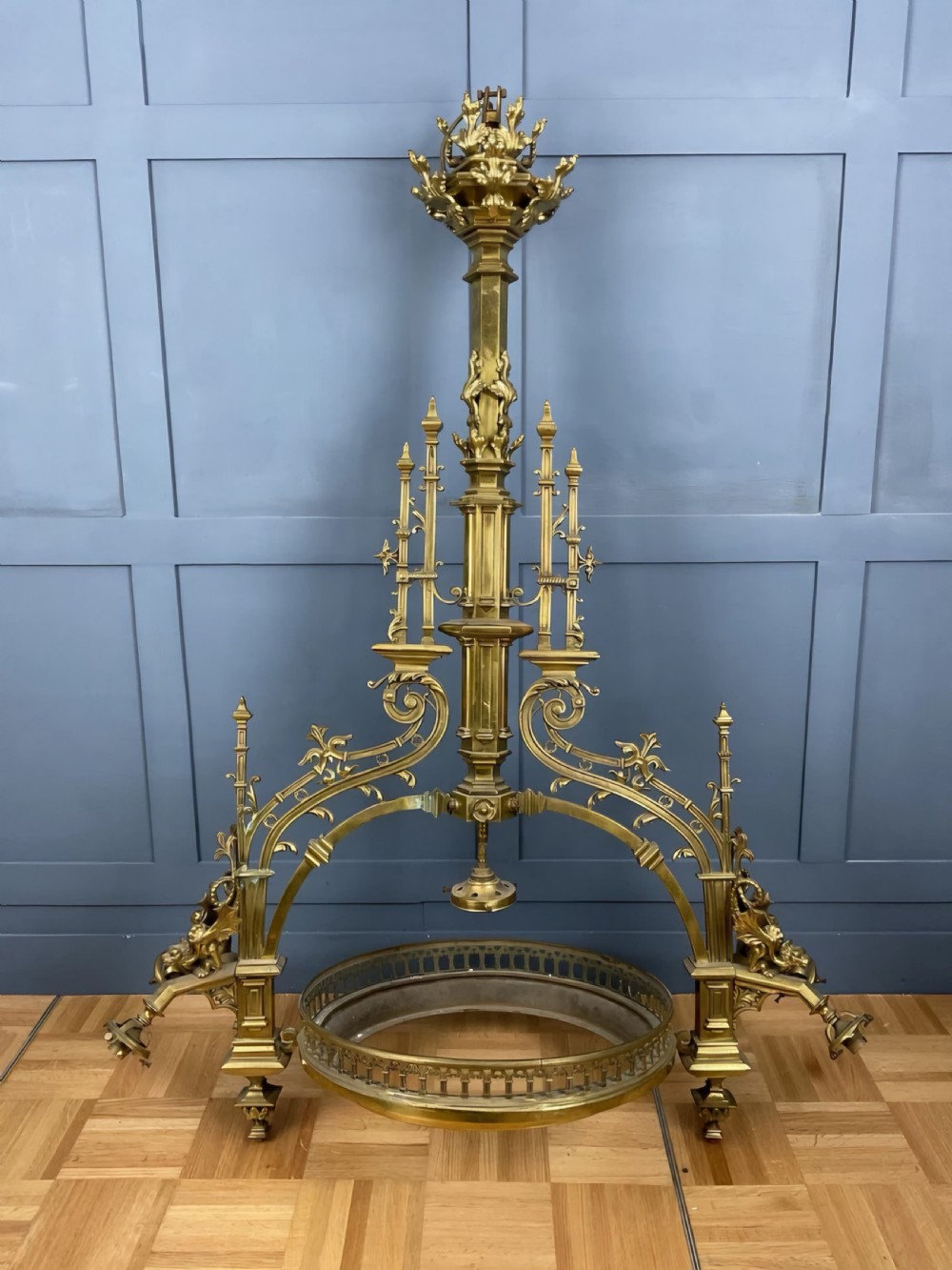 Huge Gothic / Arts and Crafts Victorian Brass Chandelier. Circa 1880.