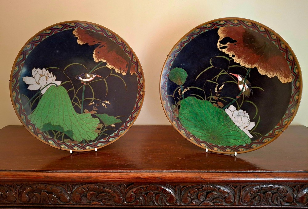 A pair of circular Japanese Meiji period cloisonne enamel chargers depicting kingfisher birds amidst green and brown lotus leaves against a dark blue background.