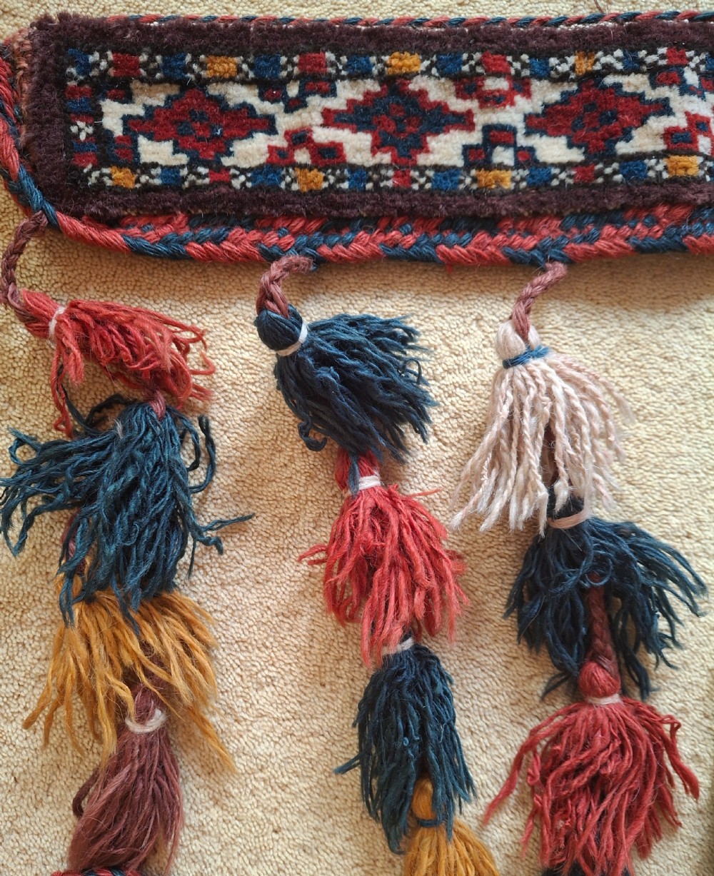 A pair of handwoven wool Turkoman camel neck trappings featuring geometric red and cream bands trimmed with dense multicoloured tassels. View IV